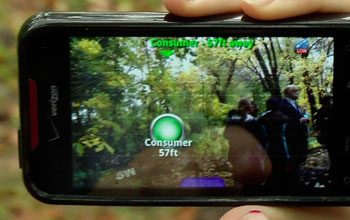 A smartphone screen showing a FreshAiR "hotspot" during an EcoMOBILE augmented reality act