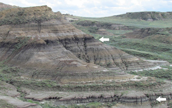 Photo of mountains and arrows indicating coal beds containing volcanic ash