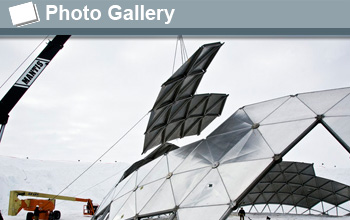 Photo of dome being disassembled by crane and the words Photo Gallery.