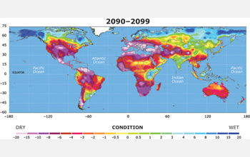Map of Earth showing widespread drought in 2099.