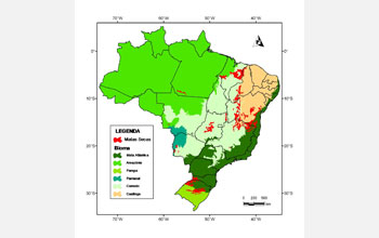 Map showing the distribution of tropical dry forests in Brazil in red in various biomes.