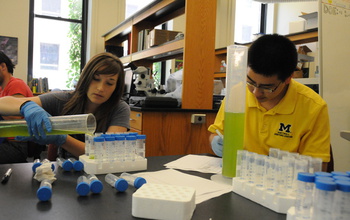 students in a lab working on samples