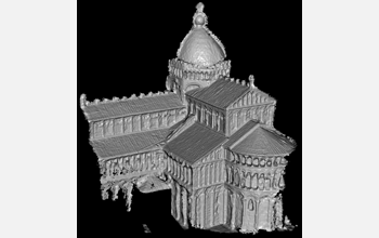 A rendering of a 3D model of the Duomo in Pisa, reconstructed from 56 photographs