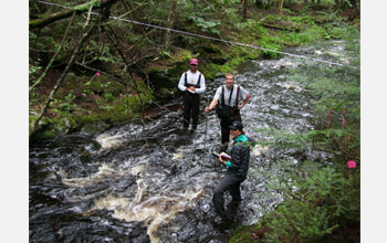 Photo of three researchers in a river.