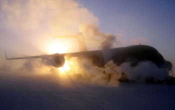 Aircraft heaters create an eerie fog at Pegasus Runway, McMurdo Station