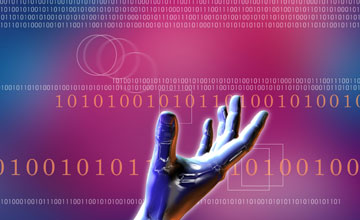 Image of an upraised open hand with a background consisting of text and binary code.