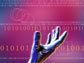 Image of an upraised open hand with a background consisting of text and binary code.