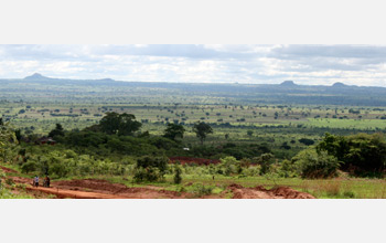 Photo of agricultural land and savannah in Zambia with hills on horizon.