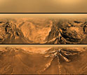 Photos from the Huygens probe descending onto the surface of Saturn's moon, Titan.