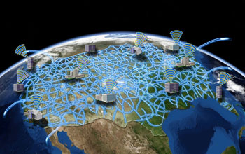 Satellite image of North America with the GENI network superimposed on North America.