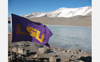 The LSU Flag on the shore of Lake Bonney, Antarctica.
