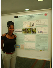 Photo of Ashley Golphin presenting a poster of her research at the University of Puerto Rico