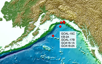 Mpa showing sites marked in red show where scientists plan to retrieve sediment core samples.
