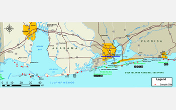 Map of the northern Gulf region showing beaches sampled by the research team.