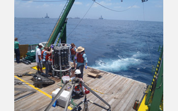 Scientists collecting water samples from the Gulf of Mexico.