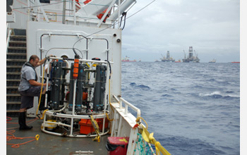 Photo of the cable-lowered sampling system used to collect samples for lab analysis of the plume.