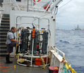 Photo of the cable-lowered sampling system used to collect samples for lab analysis of the plume.