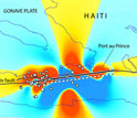 In
Haiti, areas in red are closer to rupture; grey circles show the
locations of aftershocks.