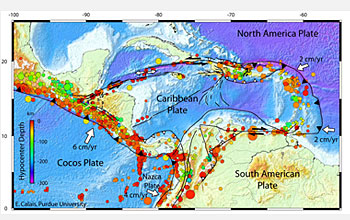 The seismotectonic context of Earth's Caribbean tectonic plate is shown in this map.