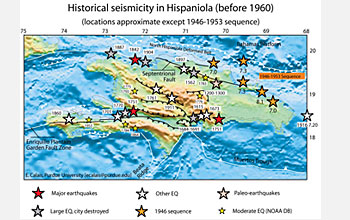 This map shows the historical seismicity in Hispaniola before 1960.