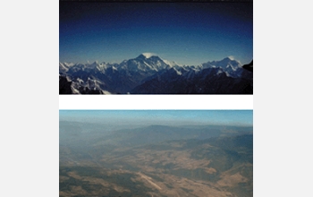 South Asian brown haze hangs over the Nepalese town of Phaplu (top); Mount Everest (bottom)