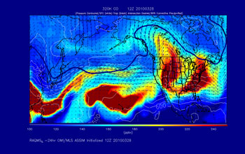 Model simulation of carbon monoxide in the middle and upper troposphere in March-April 2010.