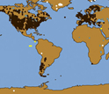 World map showing location of tree rings, coral reefs and ice used to study past climates.