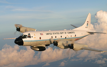 Photo of the P3 NOAA aircraft in flight.