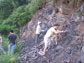Photo of geologists digging into a shale exposure in north China.