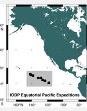 Mapa com as localizações das expedições de sondagem do Oceano Pacífico Equatorial.