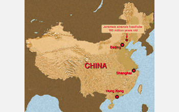 Map showing the fossil site where Juramaia was discovered, northeast of Beijing, China.