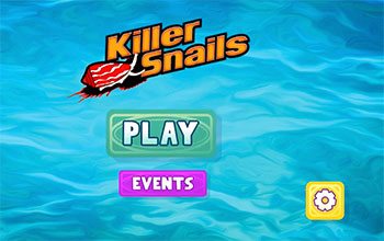 the words Killer Snails, Play, Events, and a gear on blue watery background