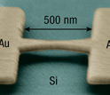 Micrograph of a gold bridge used to stretch a molecule and measure electricity flowing through it.