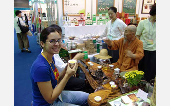 Cultural anthropologist Margie Serrato drinks a cup of tea according to Korean customs