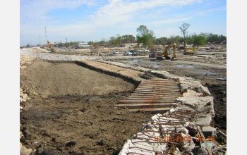 This concrete floodwall in New Orleans was dislodged by Hurricane Katrina