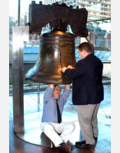 Andrew Lins worked with Steven Mundell to carefully clamp sensor devices to the Liberty Bell.