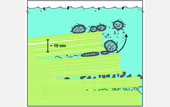 Diagram showing biomolecules (gray structures) between mica sheets (green lines) in primitive ocean.