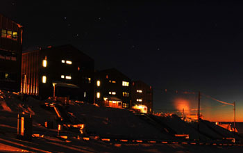 The dormitories at McMurdo Station at night