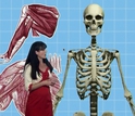 woman talking next to a 3-d image of skeleton and muscles