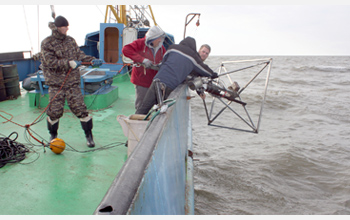 Photo of scientists deploying an apparatus to take sonar measurements from the seafloor.