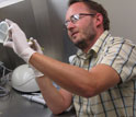 Photo of Biologist Colin Dale swabbing a petri dish that has a bacterial culture.