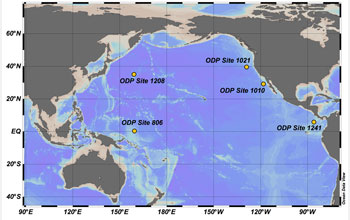 Map showing location of core sampling sites in the North Pacific Ocean.