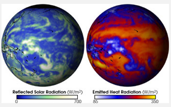 Images of earth showing reflected solar radiation on left and emitted heat radiation on right.
