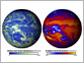 Images of earth showing reflected solar radiation on left and emitted heat radiation on right.