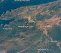 Satellite image showing the blasted summit of Pinitubo after the 1992 eruption.