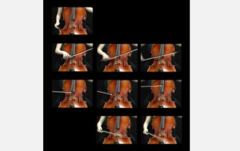 A collage of images showing different stages of playing a cello.