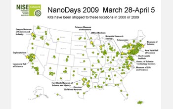 Map of the USA showing the institutions that will celebrate Nano Days 2009.