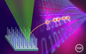 Iluustration showing green light stimulating diamond defects to emit one red photon at a time.