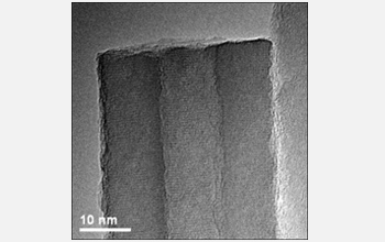 Electron microscope image showing hollow zinc oxide nanotubes with single crystal lattice.
