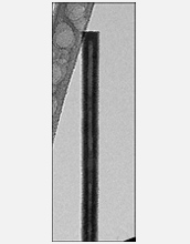 Low resolution transmission electron microscope image showing a hollow zinc oxide nanotube.